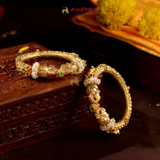 22K Pearl Gold Bangles with Ruby & Emerald Accents